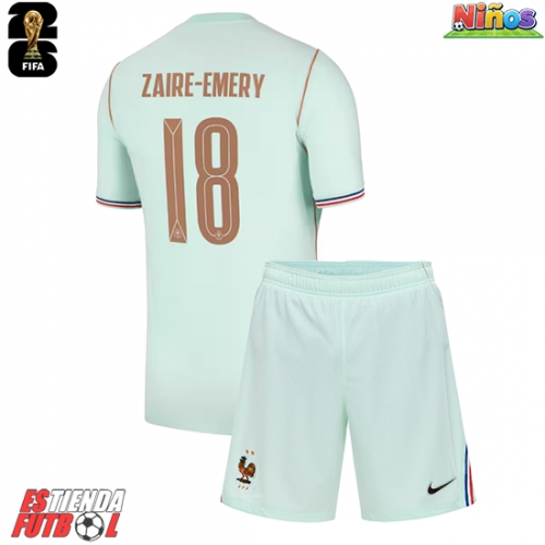 Francia Warren Zaire-Emery #18 Segunda Equipación Niños Mundial 2026 Manga Corta (+ Pantalones cortos)